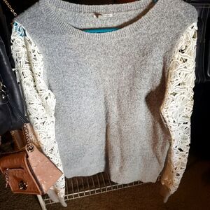 Gray Halogen Sweater with Lace Sleeves